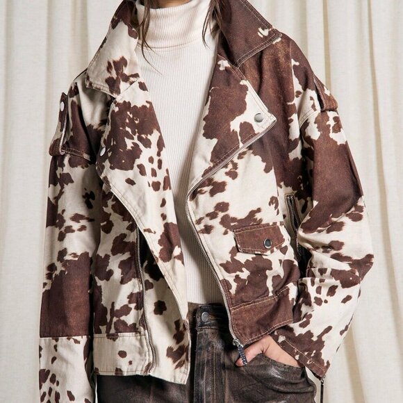 Casual Women's Cow Print Denim Jacket Western Distress contemporary - Picture 3 of 5